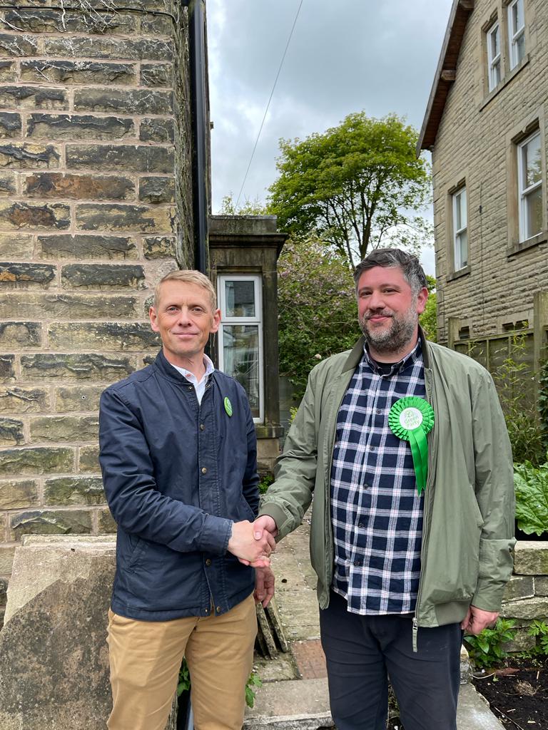 Scott Cunliffe congratulates Jack Launer on becoming the second Green Councillor in Cliviger with Worsthorne