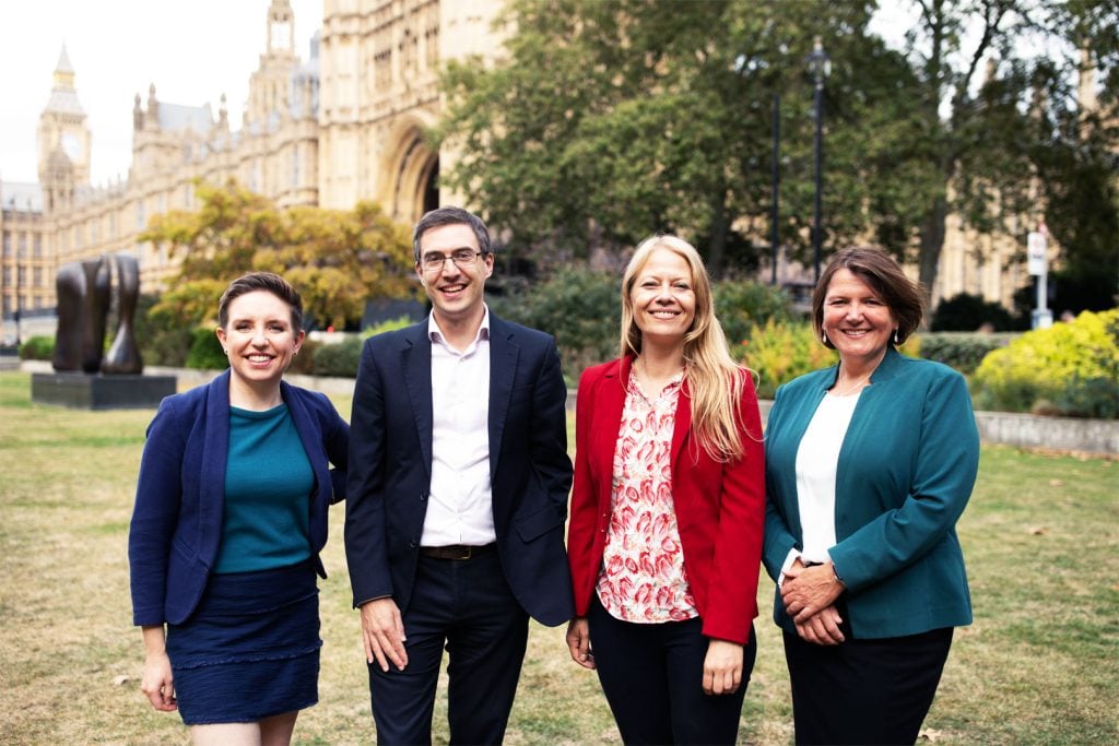 Photo of the 4 new Green MP's. Left to right: Carla Denyer, Adrian Ramsay, Sian Berry, Ellie Chowns